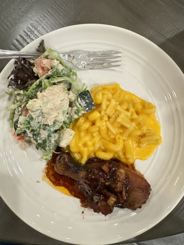 BBQ chicken, mac and cheese and tuna