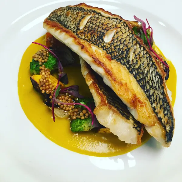 Black Bass, Roasted Root Vegetables and Curry Reduction