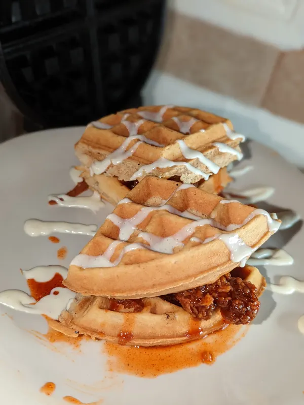 honey hot chicken and waffle sandwich