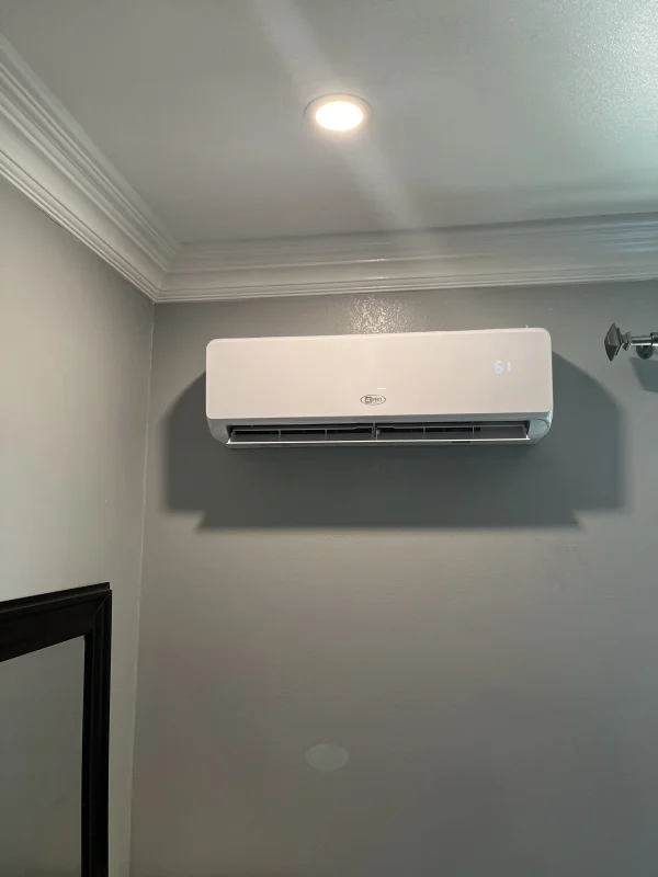 Efficient mini-split outdoor unit securely mounted, offering reliable heating and cooling for this Duarte home.
