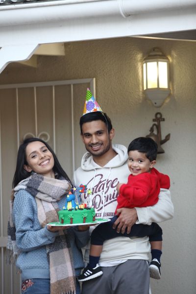 The Govendor family at their front door during the lock down.