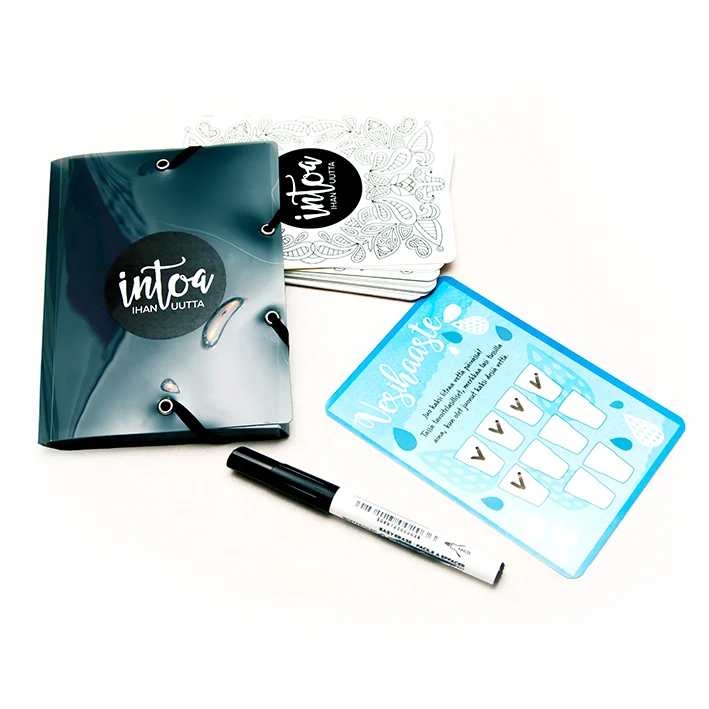 Intoa ihan uutta on täysin uudenlainen elämän eri osa-alueita pilke silmäkulmassa treenaava ja aktivoiva korttipakka. Pakka sisältää 24 korttia, joiden avulla voi mm. harjoittaa luovuutta, opetella juomaan vettä riittävästi, saada apua pulmatilanteisiin, hoitaa ihmissuhteita ja ihan vaan relata.