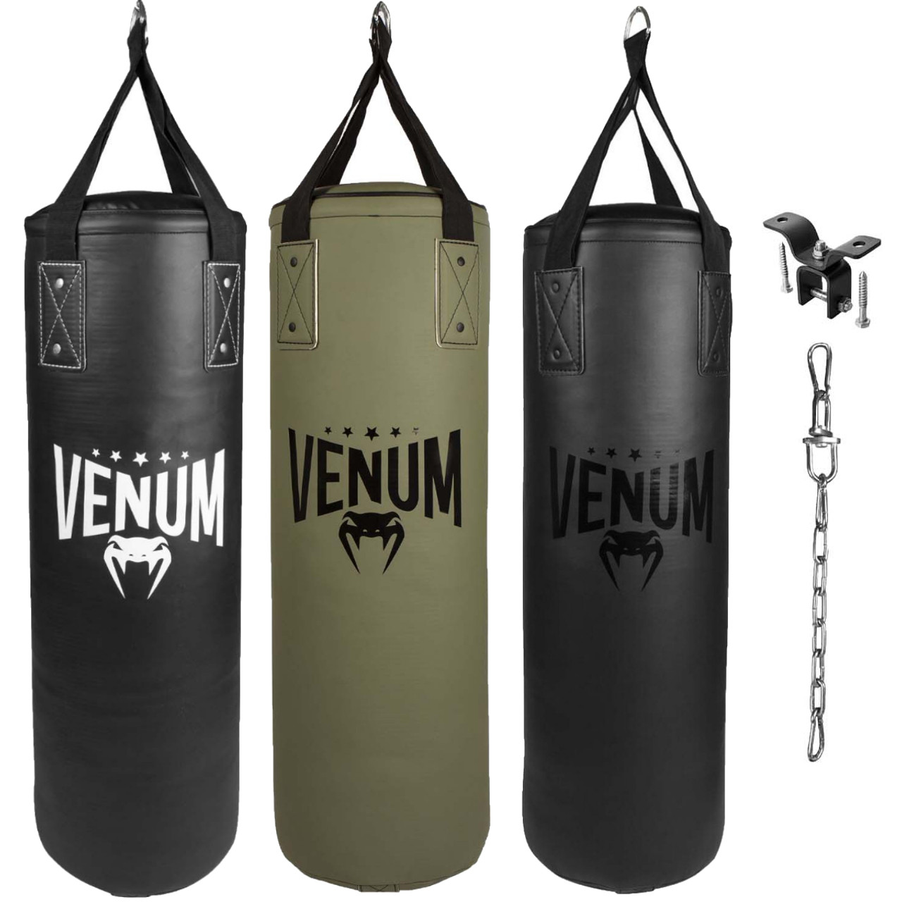 Venum Classic Punching Bag - 70 lb - Black/White - Heavy Bag Kit