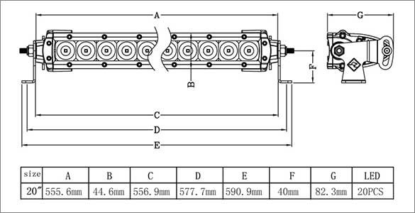 20 Inch Single Row LED Bar Dimensions