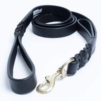 Angel Leather Braided Double Handle Dog Leash Black 6' x 1"