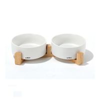 M-Pets Opera Ceramic Double Bowls & Bamboo Stand - White 350 ml