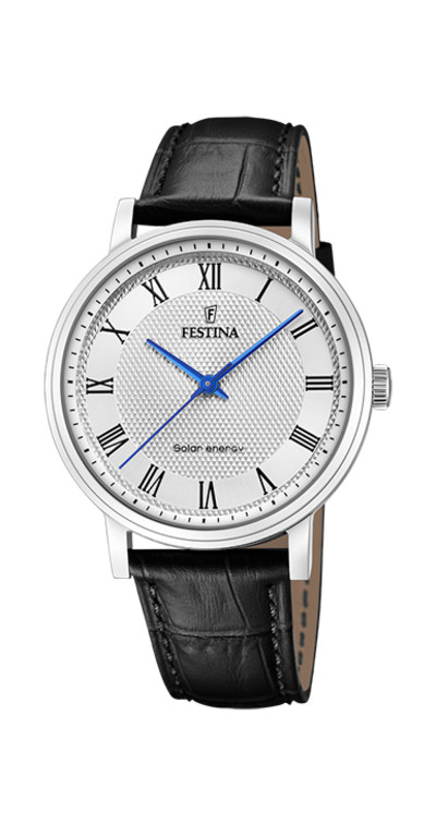 Festina - Herenhorloge in staal met zwart lederen band - Solar Energy - F20660/3