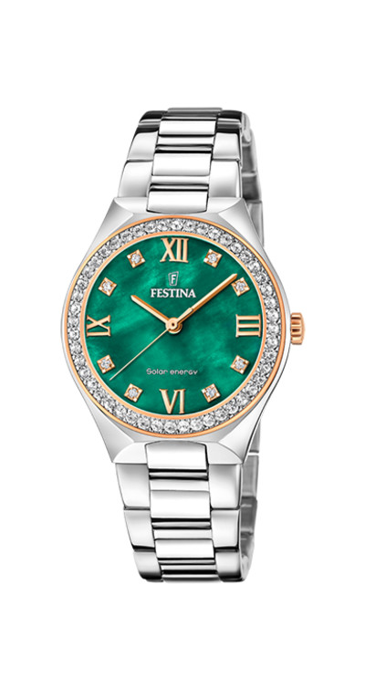 Festina - Dameshorloge in staal met rosékleurige accenten - Solar Energy - F20658/3