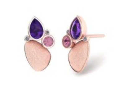 oorstekers 18kt rood goud briljant en rose amethyst en turmalin - 01-31089