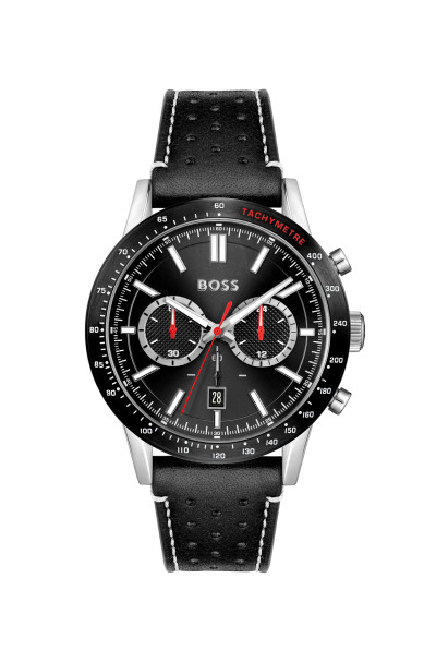 Hugo Boss- herenhorloge chrono - 44mm - zwart lederen band stalen kast - 1513920