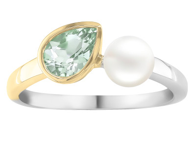 J & A - Ring in 18kt wit en geel goud met een parel en groene amethist - JA6944 J & A - Ring in 18kt wit en geel goud met een parel en groene amethist - JA6944