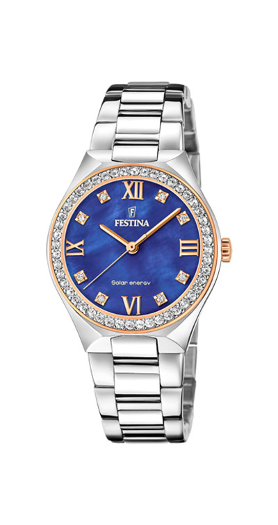 Festina - Dameshorloge in staal met rosékleurige accenten - Solar Energy - F20658/2