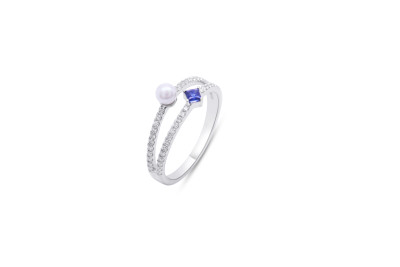 Ring 18kt wit goud met briljant- blauwe saffier en akoyaparel - 50-40115-AE75 - maat 54 Ring 18kt wit goud met briljant- blauwe saffier en akoyaparel - 50-40115-AE75 - maat 54
