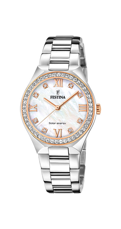 Festina - Dameshorloge in staal met rosékleurige accenten - Solar Energy - F20658/1 Festina - Dameshorloge in staal met rosékleurige accenten - Solar Energy - F20658/1