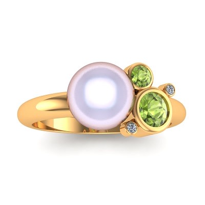 Ring in 18kt geel goud met peridot, briljant en een parel - 41-31516