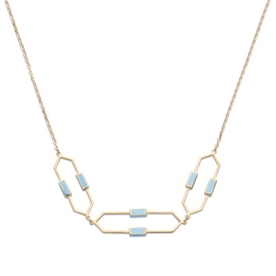 Ketting 14kt geel goud met 3 stukjes fantasie licht blauwe emaille - 45cm - model 47/1