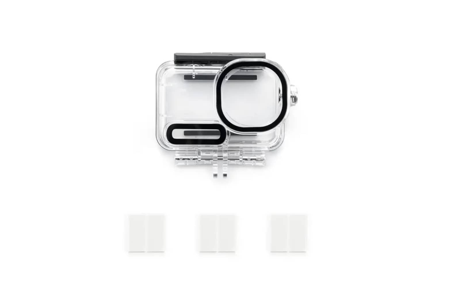 Clear waterproof housing for the Osmo Action 6, shown closed