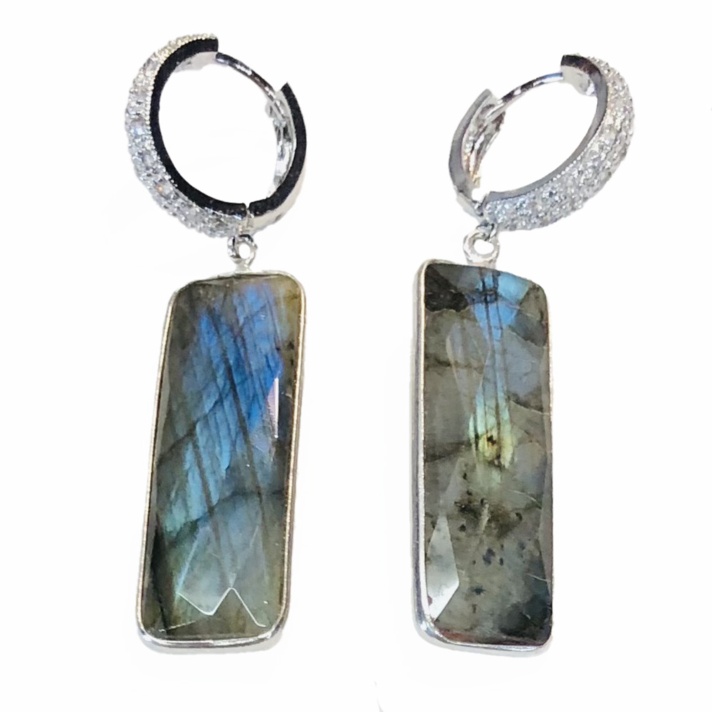 SILVER LABRADORITE &amp; CZ HUGGIE EARRINGS