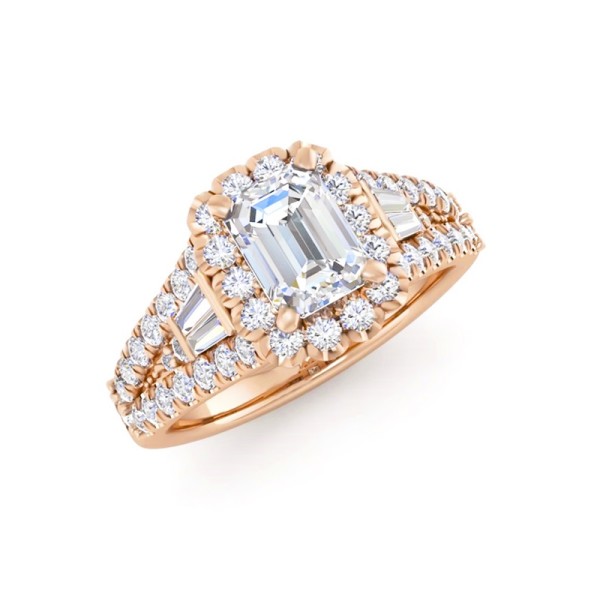Baguette Accented Emerald Halo Ring