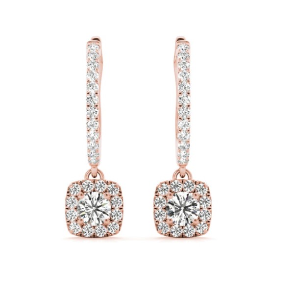 Cushion Shaped Halo with Round Diamonds Drop Earrings