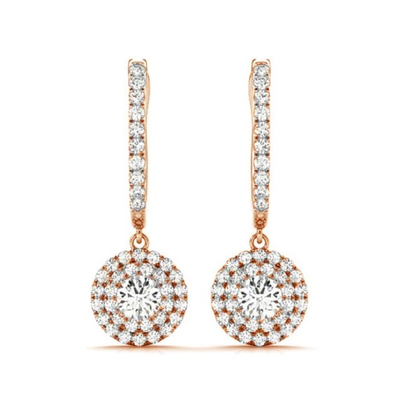 Round Double Halo Drop Earrings