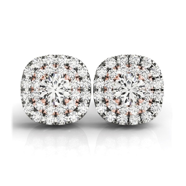 Cushion Double Halo Stud Earrings with Round Diamonds
