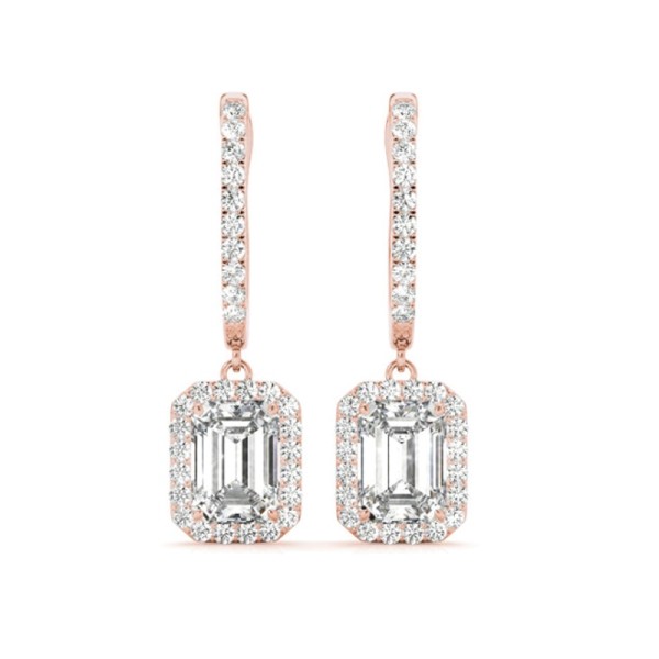 Emerald Cut Diamond Halo Dangle Earrings