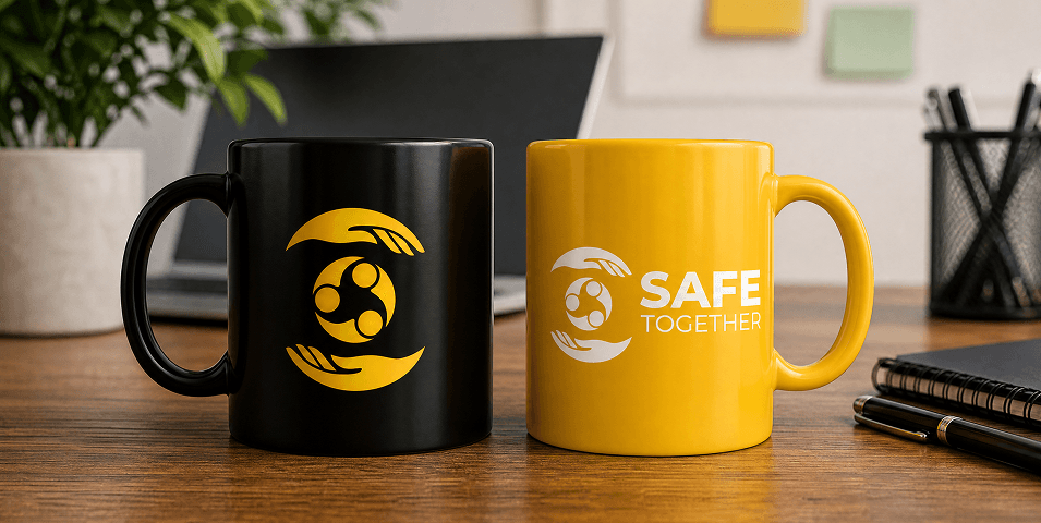 Itens promocionais com a identidade Safe Together