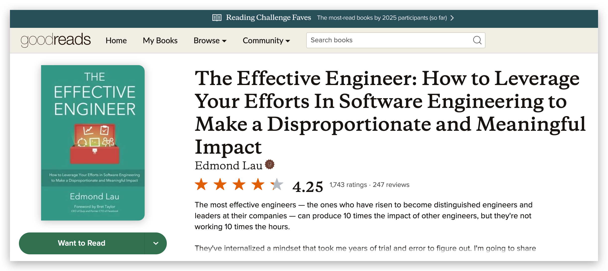 The Effective Engineer’s Goodreads rating