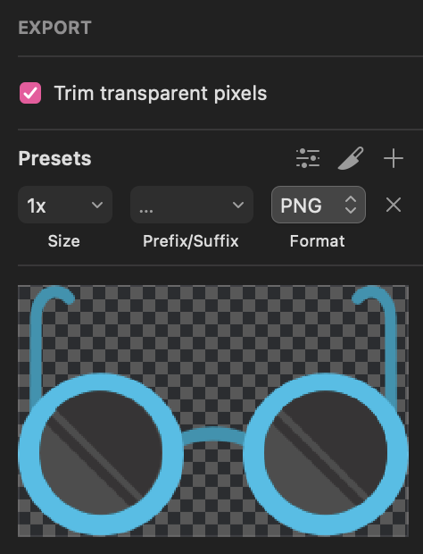 'Trim transparent pixels' checkbox in Sketch export options.