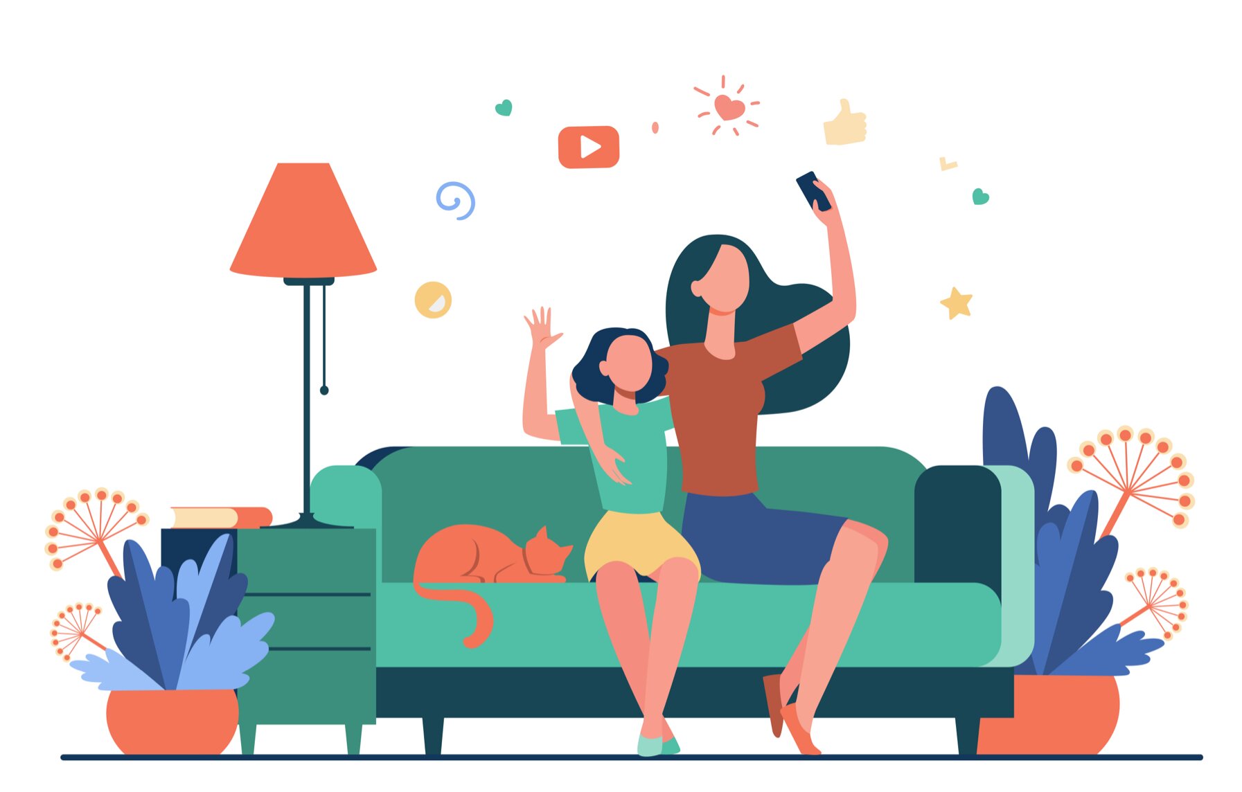 Illustration of family sitting on couch recording a video for social media.