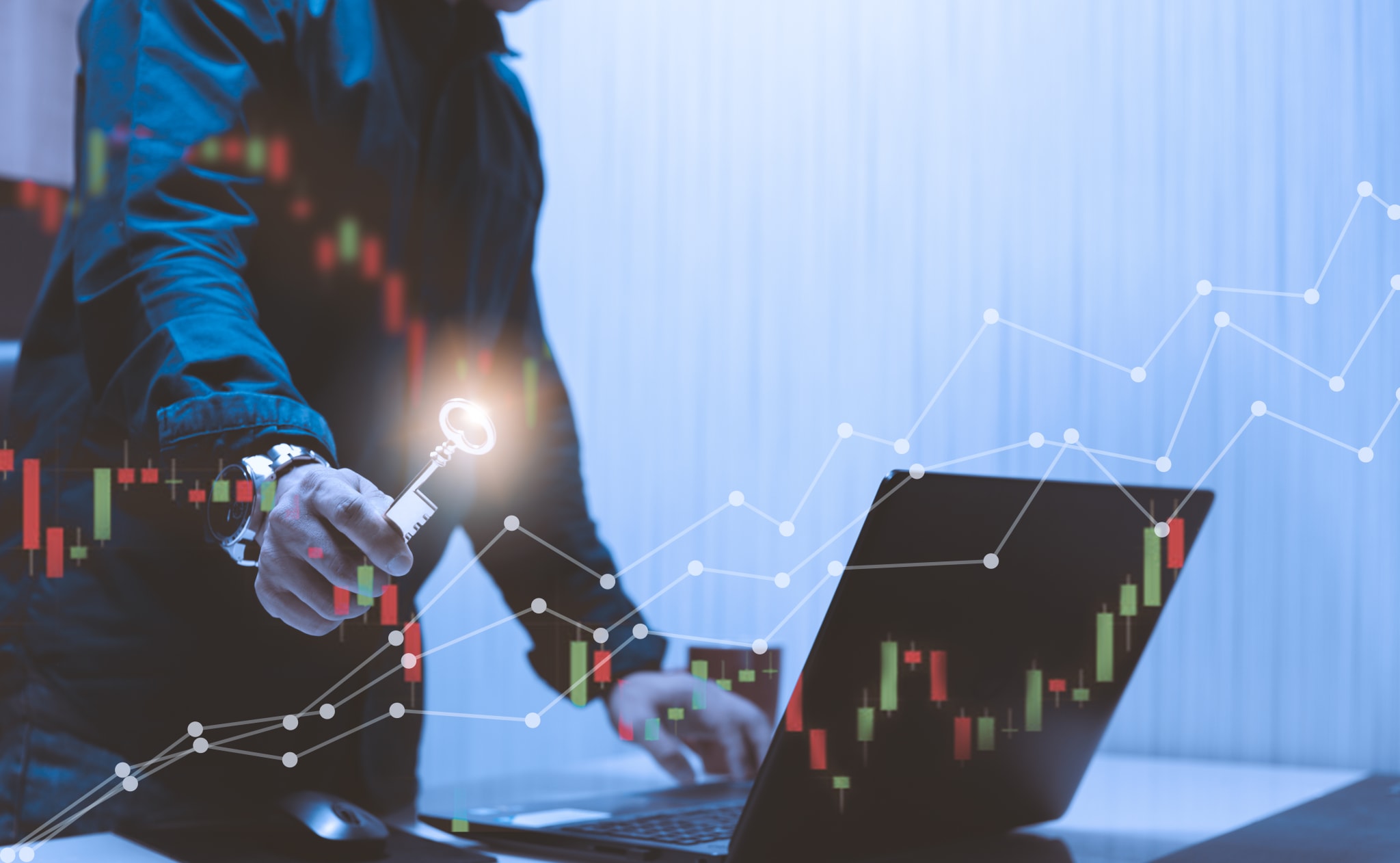 hand’s of people holding the golden key. same as the factor to success in trader. Double exposure graph stock and hand’s of people holding the golden key. same as the factor to success in trader. Stock investment concept with copy space for add quotes.
