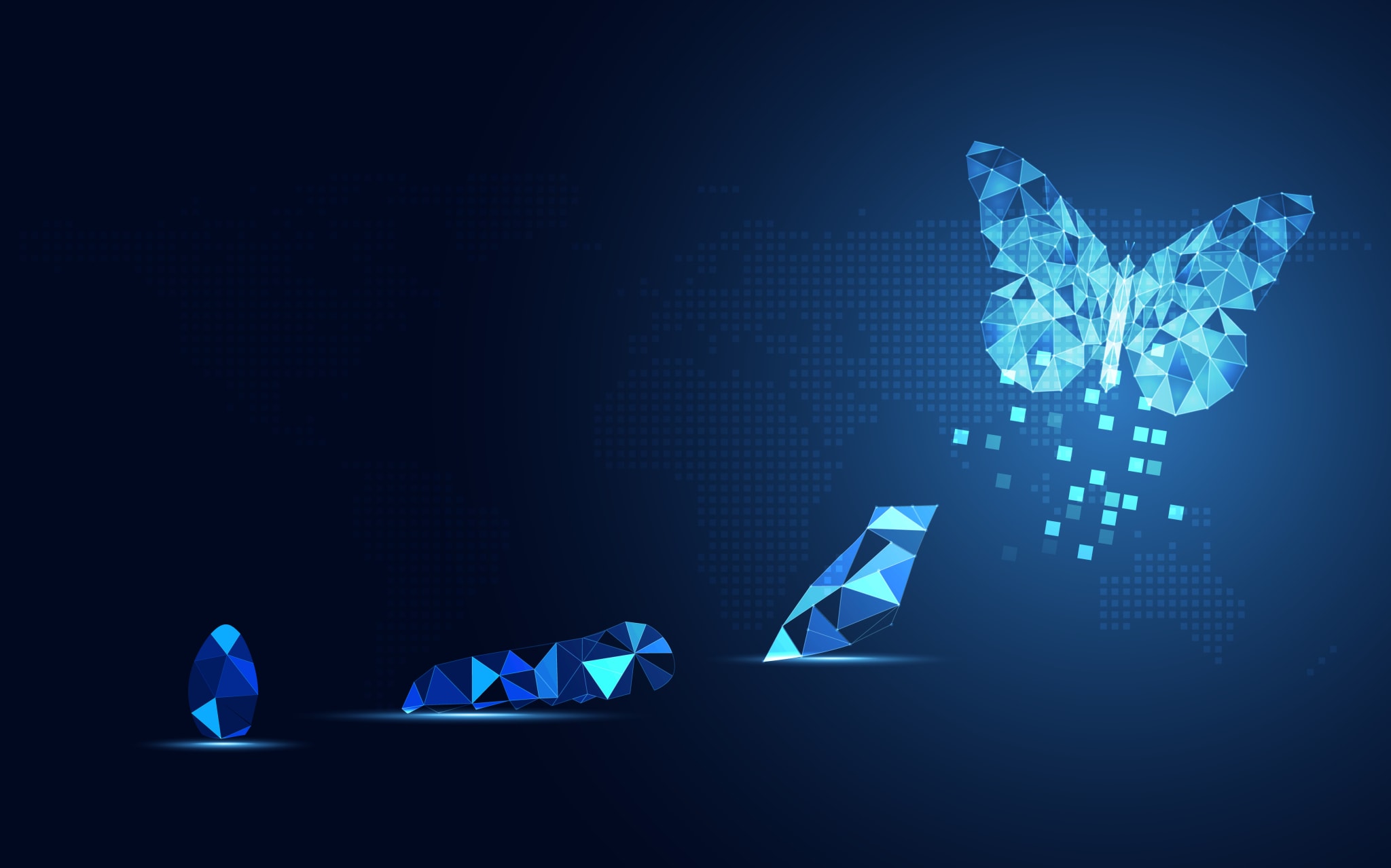 Abstract Business digital transformation innovative of butterfly life cycle evolution blue background. Renewal and Powerful transformation metamorphosis concept. Lightness of being and playfulness Abstract Business digital transformation innovative of butterfly life cycle evolution blue background. Renewal and Powerful transformation metamorphosis concept. Lightness of being and playfulness