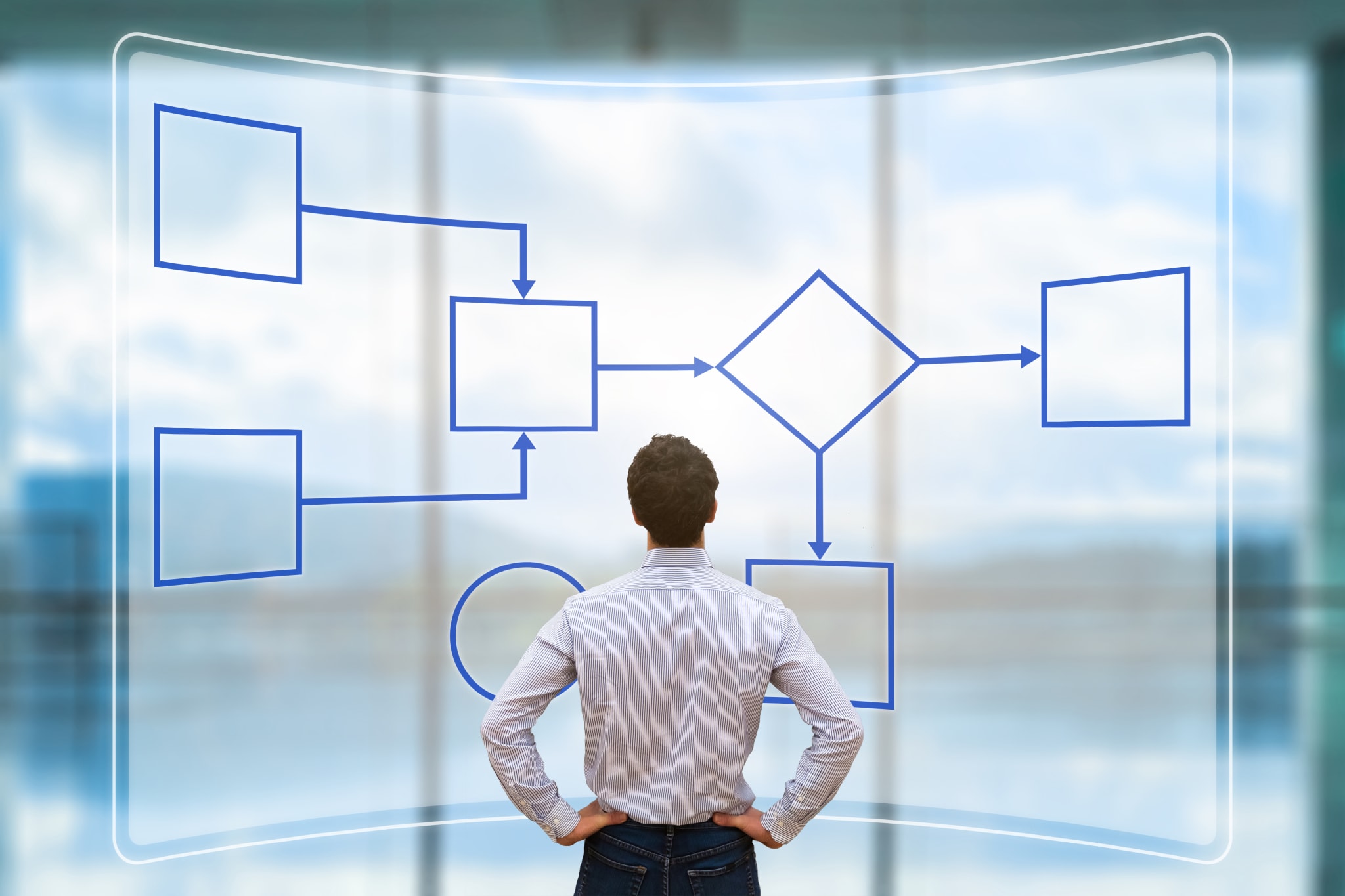 Business process management and automation concept with workflow flowchart, businessman Business process management and automation concept with a workflow flowchart on a digital screen and a businessman