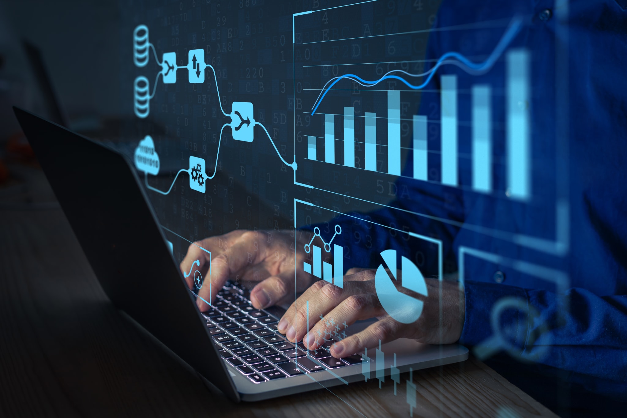 Analyst working with Business Analytics and Data Management System on computer to make report with KPI and metrics connected to database. Corporate strategy for finance, operations, sales, marketing Analyst working with Business Analytics and Data Management System on computer to make report with KPI and metrics connected to database. Corporate strategy for finance, operations, sales, marketing
