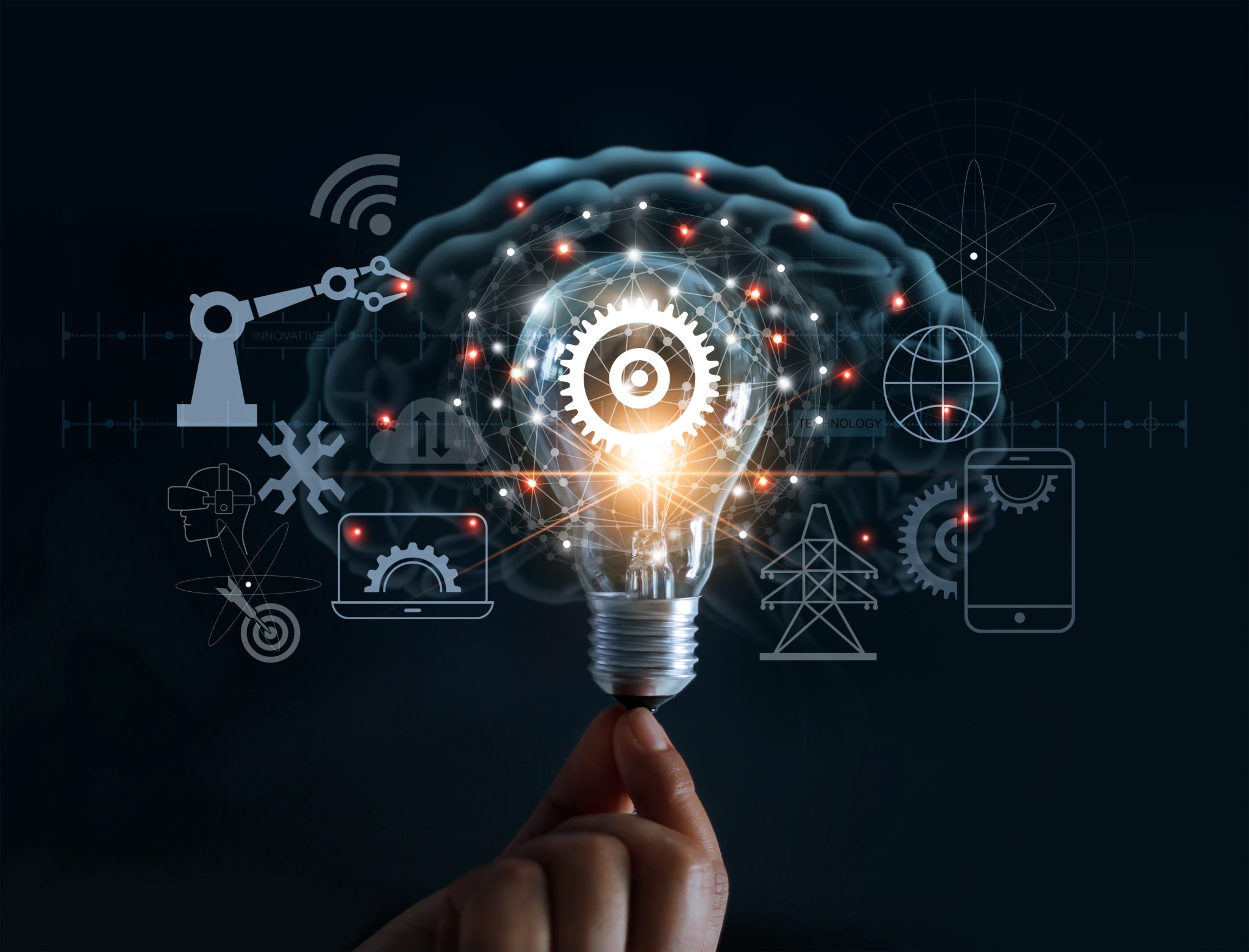 Hand holding light bulb and cog inside and innovation icon network connection on brain background, innovative technology in science and industrial concept Hand holding light bulb and cog inside and innovation icon network connection on brain background, innovative technology in science and industrial concept