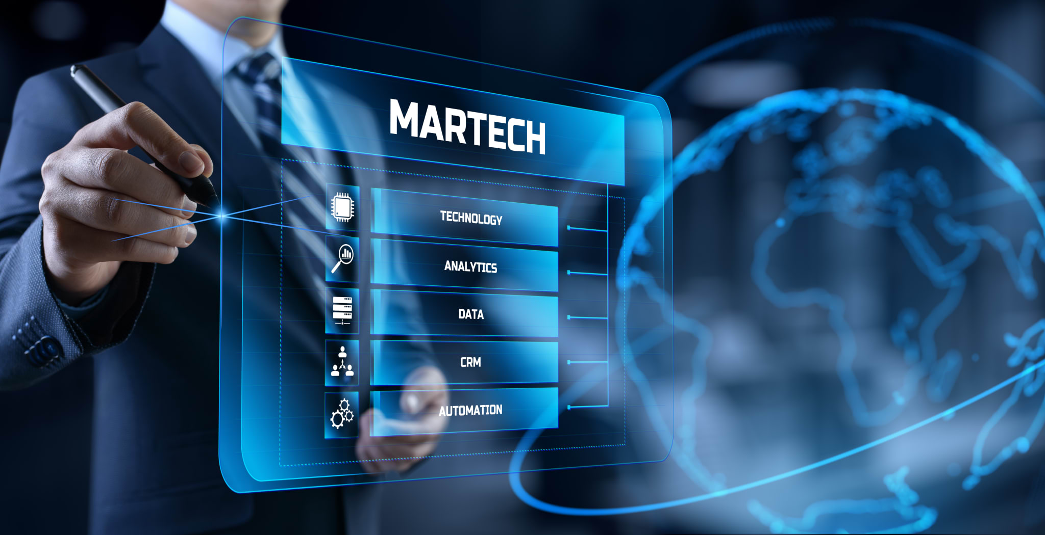 Martech marketing technology concept on virtual screen interface. Martech marketing technology concept on virtual screen interface