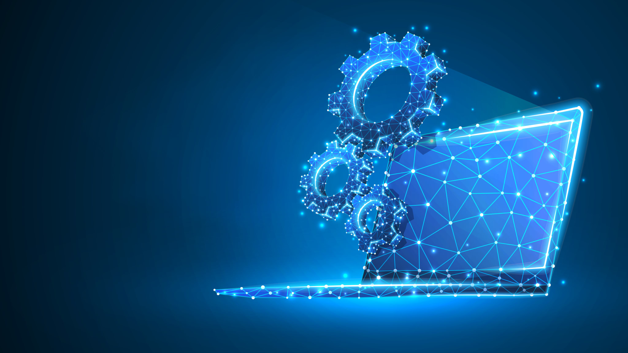 Gears on white laptop screen. Industry, business solution, technology, settings concept. Abstract, digital, wireframe, low poly mesh, vector blue neon 3d illustration. Triangle, line, dot, star Gears on white laptop screen. Industry, business solution, technology, settings concept. Abstract, digital, wireframe, low poly mesh, vector blue neon 3d illustration. Triangle, line, dot, star