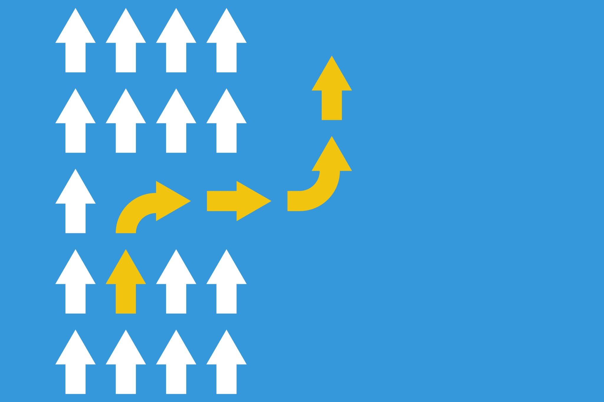 white arrows group in one direction and yellow arrow with different way, business innovations or new strategy vector concept white arrows group in one direction and yellow arrow with different way, business innovations or new strategy vector concept