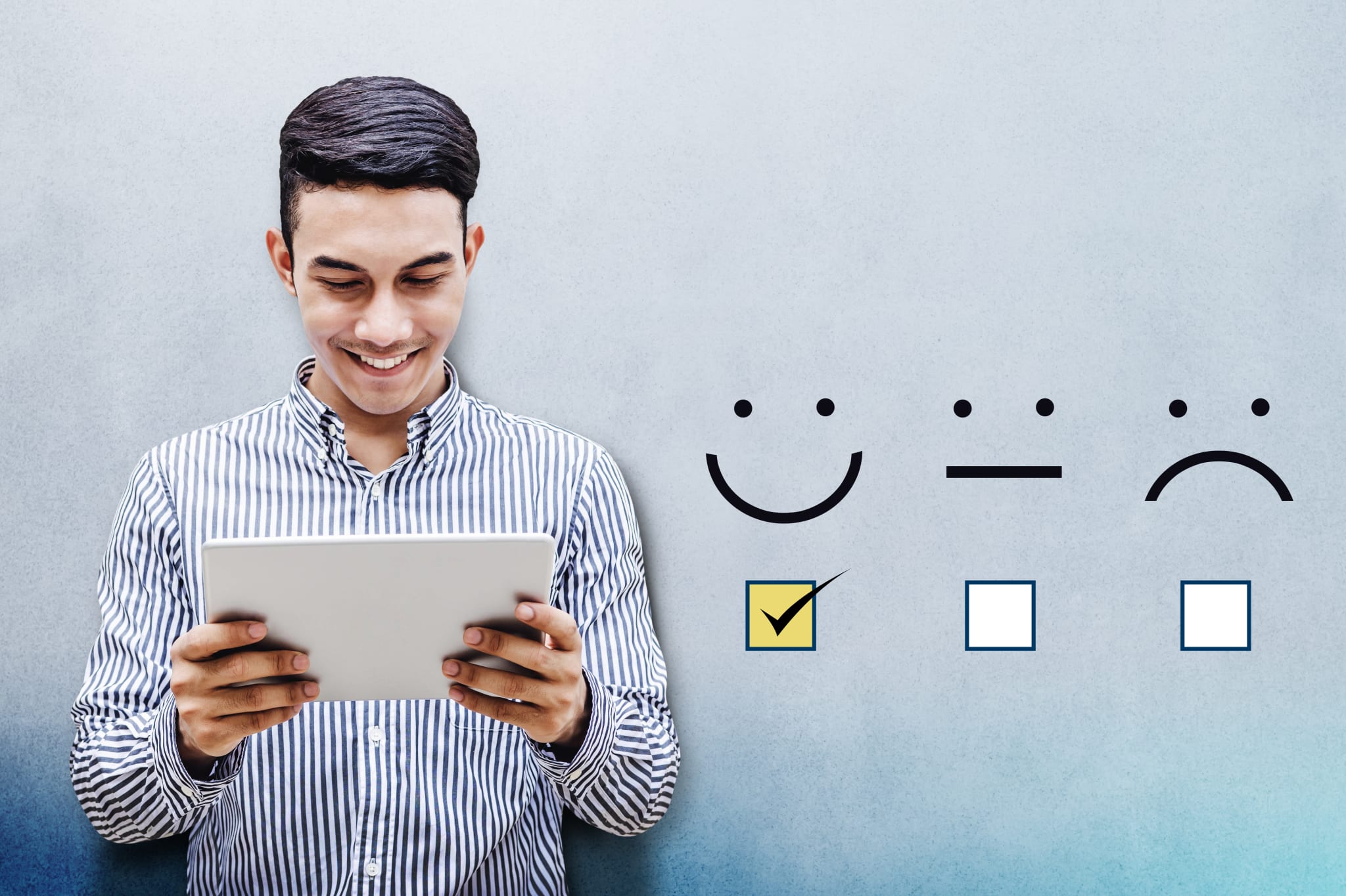 Customer Experience Concept, Happy Businessman holding digital Tablet with a checked box on Excellent Smiley Face Rating for a Satisfaction Survey Customer Experience Concept, Happy Businessman holding digital Tablet with a checked box on Excellent Smiley Face Rating for a Satisfaction Survey