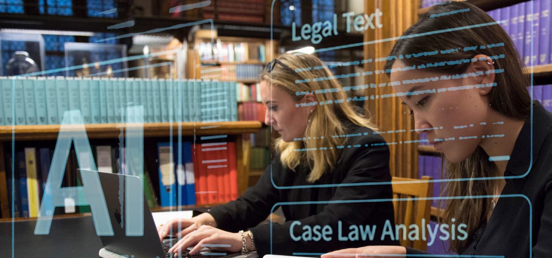 Two women work on laptops in a library, surrounded by books. Digital overlays indicate 
