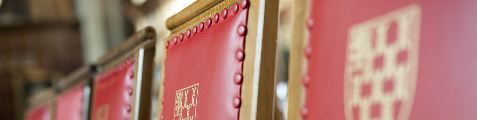 A row of wooden chairs with red leather backs and the gold crest of Lincoln's Inn on the centre of them