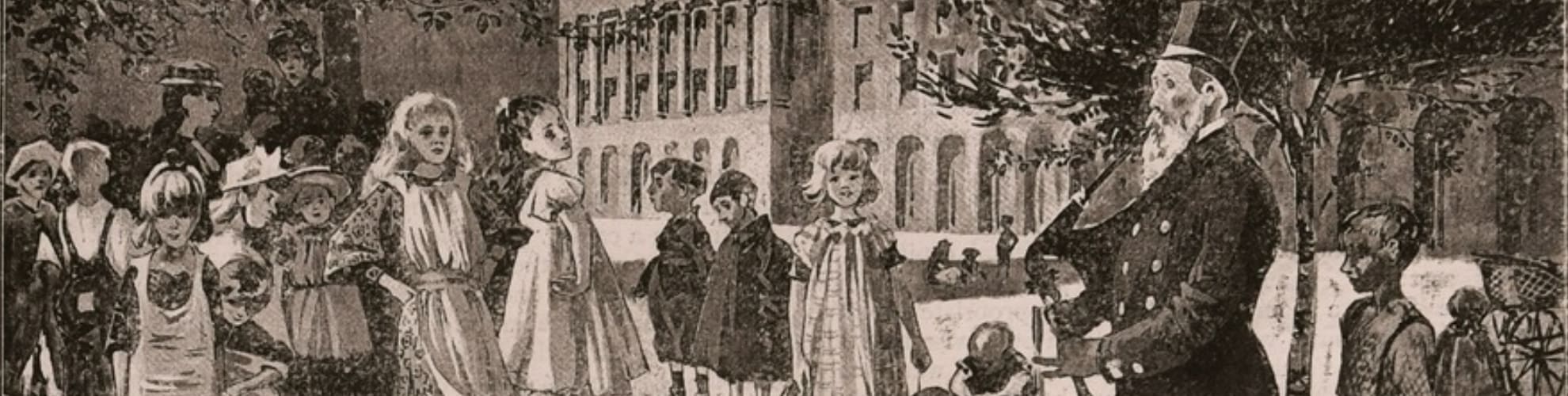A drawing of John Mackenzie, garden porter (and former champion piper in the Scots Guards) plays to the children in Lincoln's Inn gardens, Pall Mall Budget, 17 September 1891