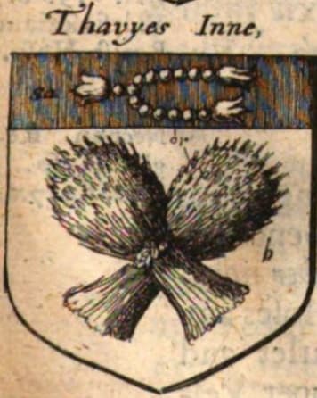 Thavie’s arms in William Dugdale’s ‘Origines Juridicales’. The words 'Thayves Inne' are writen in a cursive font, below which is a coat of arms.