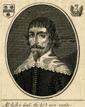 A line drawing of William Prynne, with text written underneath. Prynne has shoulder length, curly hair that is cut into a severe fringe, and a goatee.