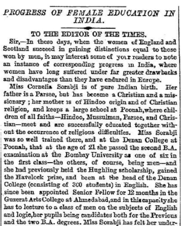 Excerpt of a an article entitled 'Progress of Female Education in India'. The text is printed in a black font on white paper.