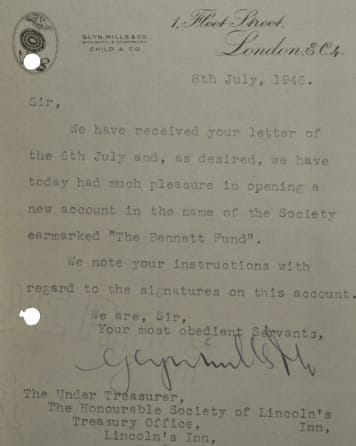 Letter from Child & Co Bank confirming the opening of the Bennett Fund account