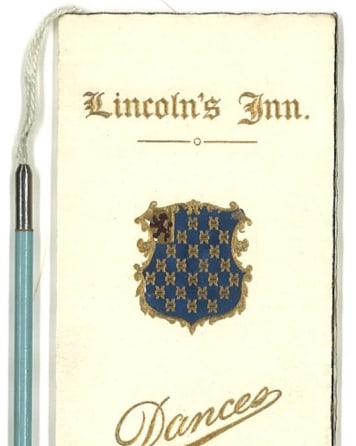 Historic dance card from the archives of Lincoln's Inn for the Summer Ball, July 1905