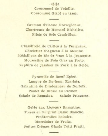 Historic menu from the archives of Lincoln's Inn showing the menu for the Summer Ball of July 1905