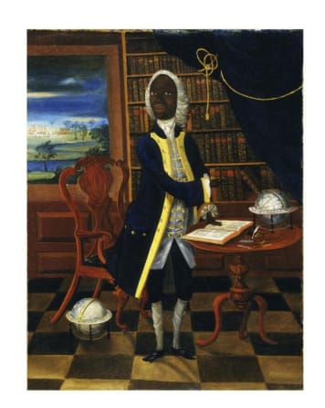 Painting of Francis Williams. He is a Black man, dressed in a white barrister's wig, and navy robes with gold lapels. He is depicted as standing before an open book on a wooden desk.